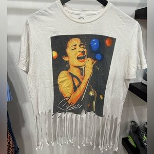 White Selena tee with fringe detail and back graphic